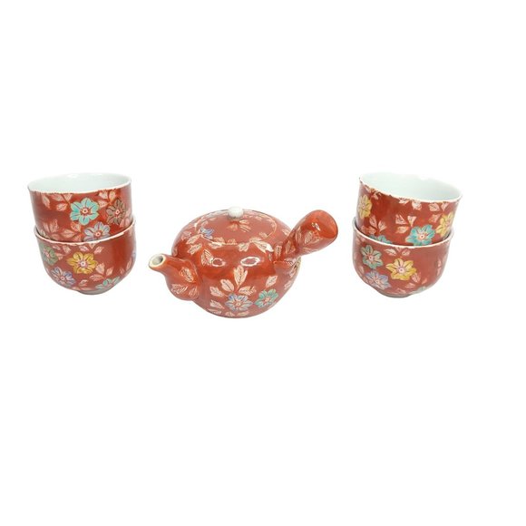 Kyusu Teapot with 4 Cups Small Tea Set Asian Rusty Red Floral Bowl Vase Tea Saki - Picture 2 of 12